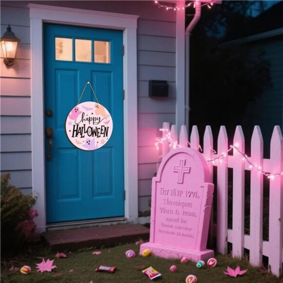 Halloween Ghost Wooden Hanging Sign Pink Spooky Welcome Sign Ghost Bat Door - Picture 6 of 8